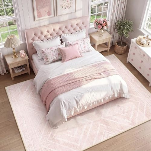 8'x10'Washable Area Rug for Living Room Bedroom Lightpink | Soft Western No Slip Low Pile Print Foldable Indoor for Kitchen Dining Room