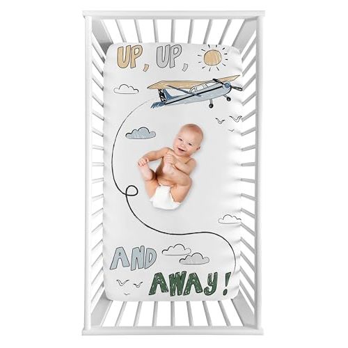 Sweet Jojo Designs Vintage Airplane Boy Baby Fitted Crib Sheet Photo Op Infant Newborn Nursery Toddler Bed Room Standard Mattress Grey Green Blue White Yellow Airplanes Plane Transportation Clouds Sun