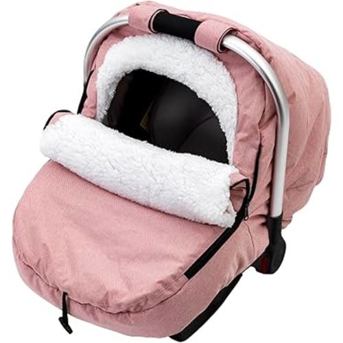 Winter Car Seat Cover Baby, Carseat Cover for Newborn, Plush Fleece Infant Car Seat Canopy with Peeping Window, Warm & Snug Baby Carrier Cover Protect Cold Wind (Pink)