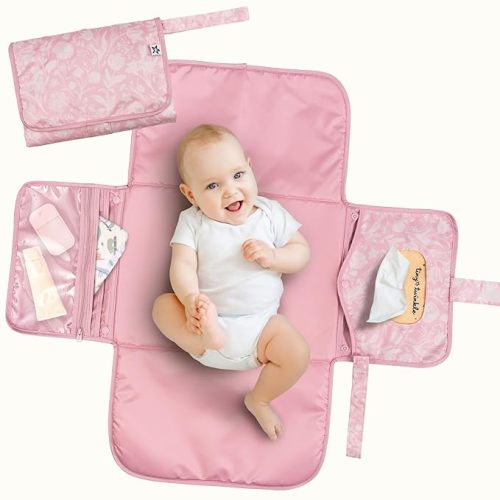 Tiny Twinkle Portable Diaper Changing Pad | Foldable, Waterproof & Compact Travel Changing Mat with Storage | Smart Wipes Pocket for On-The-Go Parents | Newborn Shower Gift (Toile)