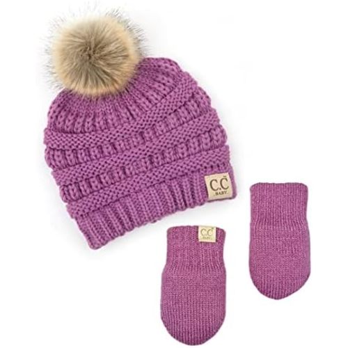 Funky Junque Cozy Infant Pom Pom Beanie & Fleece Lined Mitten Winter Set