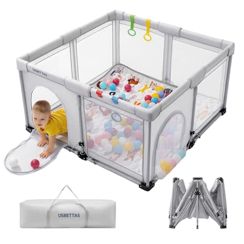 Foldable Baby Playpen, 1-Minute Setup, Lightweight Portable Playpen with Carry Bag, 50"x50" Indoor Outdoor Safty Play Yard for Babies & Toddlers, Light Gray