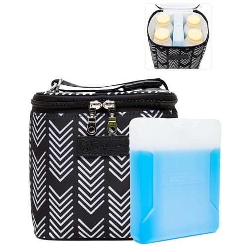 Sarah Wells Cold Gold Breastmilk Cooler with Ice Pack (Black & White) | Fully-Lined Insulated Interior, Fits 4-6 Bottles, Zippered Lid, Great for Workdays, Travel & Pumping Days, Machine Washable