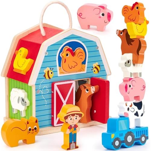 hahaland Wooden Montessori Toys for 1 Year Old, Farm Animals Barn for Toddlers 1-3 Shape Sorter Stacking Learning Toy for 1 2 3 Year Old Boys Girls Educational Toy Christmas Birthday Gift
