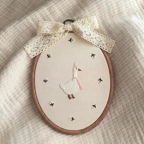 Yalikop Large Silly Goose Wall Art 7 x 10'' Embroidered Goose Nursery Decor with Bow Lace Wooden Hoop Coquette Framed Canvas Artwork Hanging Decor for Baby Shower Bedroom Decoration(Pink)