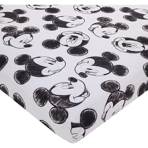 Disney Mickey Mouse - Charcoal Black and White Smiling Mickey Mouse Nursery Fitted Mini Crib Sheet 24" x 38" (61cm * 97 cm)