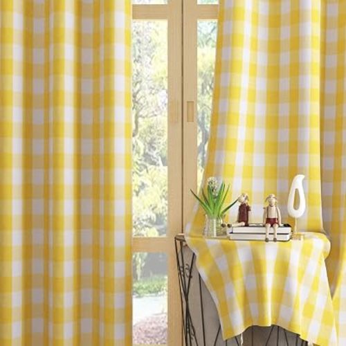 UPOPO Buffalo Check Window Curtains 63 inches Long Living Room Cotton Curtain Panels Bedroom Plaid Gingham Farmhouse Decor Curtains Rod Pocket Kitchen Bathroom Basement 2 Panels Yellow White 52"x63"