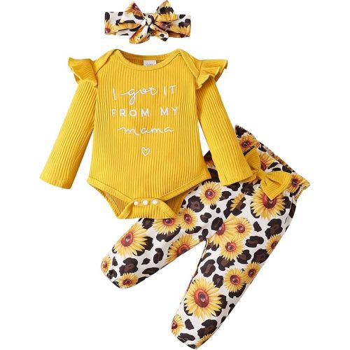 DISAUR Baby Girls Clothes Newborn Infant Baby Girls Outfit Long Sleeve Ruffle Romper Floral Pants Headband Sets 0-18 Months
