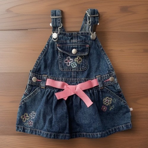 Retro OshKosh Baby Girls Floral Embroidery Overall Dress Blue Denim Size 3-6M