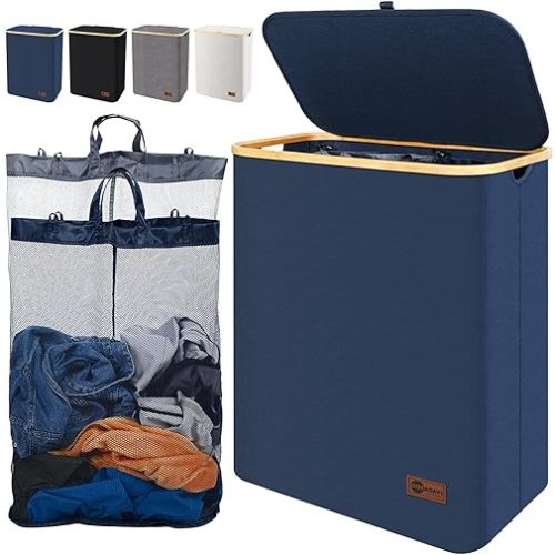 DOFASAYI Laundry Basket - Extra Large Laundry Hamper 2 Section with Removable Bag, Bamboo Handles, Foldable Clothes Hampers for Dirty Laundry Storage, Hamper for Laundry Room, Bedroom,Blue