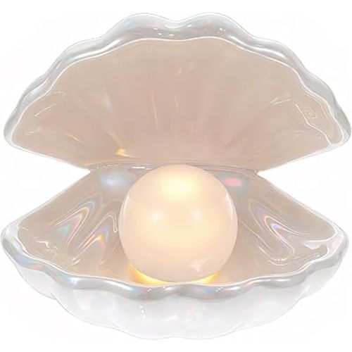 IMIKEYA Ceramic Shell Pearl Light, White LED Clam with Pearl Light in Shell Lamp for Tabletop Decoration, Souvenir, Birthday Gift