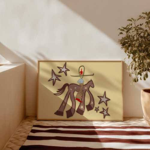 Beige Cowboy Wall Art Western Horse Print Ranch Decor Neutral Painting Poster