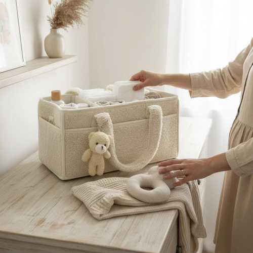 Plush Diaper Caddy With Bear: Cream Nursery Bag Organizer for Baby Accessories