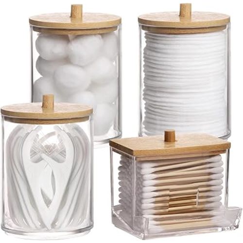 Tbestmax 4 Pack Qtip Holder Bathroom Container, 10/7oz Cotton Ball/Swabs Dispenser, Apothecary Jar with Bamboo Lids for Organizer and Storage (Beige)