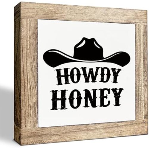 Wooden Box Sign Desk Decor, Howdy Honey Sign, Western Desktop Decor, Decorative Plaques and Signs, Rustic Farmhouse Home Decorations, Funny Cowboys Decors for Kids Bedroom 5.9X5.9X0.7inches