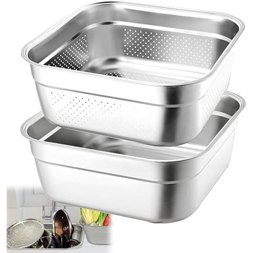2-in-1 Stainless Steel Washing Up Bowl Set, 12.8" Sturdy Square Dish Tub with Colander, Fruit Vegetable Washing Basin for Sink, Food Grade Dishpan for Draining Rice, Pasta, Food Strainer Mixing Bowl