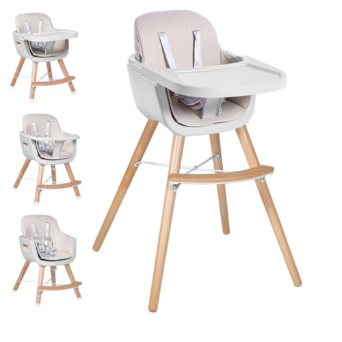 High Chairs for Babies and Toddlers,3 in 1 Convertible Wooden highchair, Baby High Chair with Adjustable Legs,5 Point Harness, Footrest, Dishwasher-Safe Tray & PU Leather Cushion, Beige