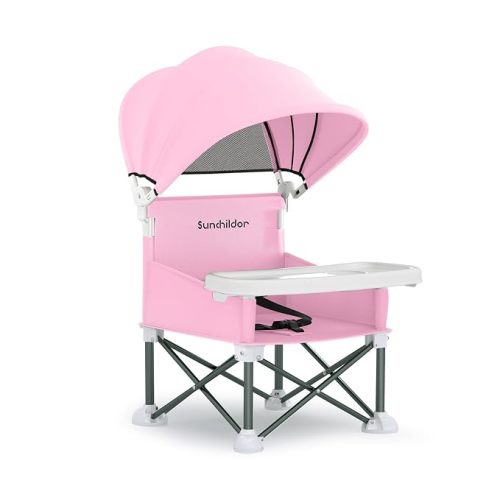 Portable Baby Booster Seat with Removable Tray & Canopy - 3 Point Safety Harness, Compact Fold for Travel, Indoor Outdoor Use for Infants & Toddlers, Pink