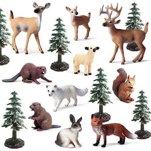 20PCS Plastic Forest Animals Figures, Realistic Woodland Creatures Figurines Miniature Toys Animal Tree Kit Wild Animal Toys Gift for Kids Toddlers, Party Favors Cake Topper Diorama Supplies