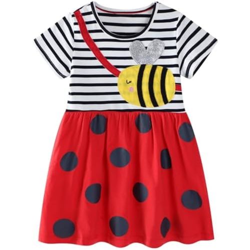 AIWUHE Toddler Girls Dress Cotton Casual Short Sleeve Striped Jersey Dresses Summer Cartoon Dinosaurs Appliques Shirt 2-7Y
