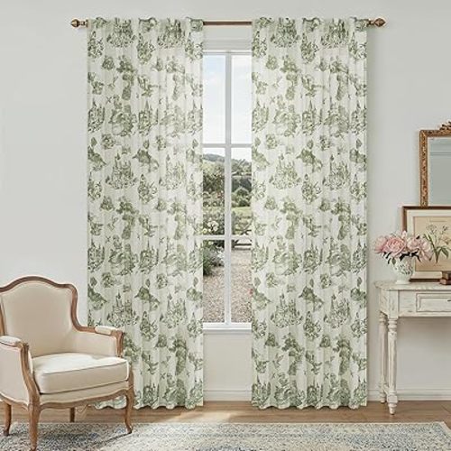 Sage Green Floral Linen Curtains 84 Inches Long for Living Room Bedroom Toile de Jouy Printed Patterned Country Semi Sheer Curtains Back Tab Light Filtering Pattern Loden Olive 84 Inch Window Drapes