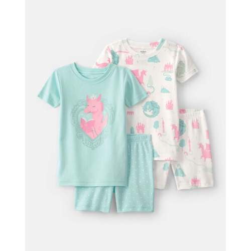 Baby Girl 4-Piece Fairy Tale Dragon 100% Cotton Short-Sleeve Snug Fit Pajama Set - Blue/Ivory | Carter's