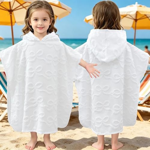 Toddler Beach Towels with Hood, Oversized (2-4Years,21"X21") Made from 100% Soft Cotton,Absorbent Hooded Poncho Towel for Baby Girl,Perfect for Pool | Swimming | Bath | Beach,Jacquard White Bow