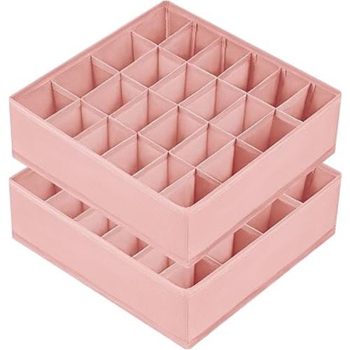 Joyoldelf Sock Organizer Drawer Organizer - 2 Packs Underwear Organizer, 24 Cells Collapsible Closet Organizers and Storage Sock Holders Organizers for Storing Socks, Ties, Belts(Pink)