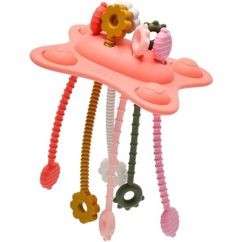 Silicone Montessori Sensory Toys for Babies 6-12-18 Months,Pull String Activity Toy, Early Educational Fine Motor Skills Toy for Toddlers,Car Seat Airplane Travel Teething Toys for 1 Year Old-Pink