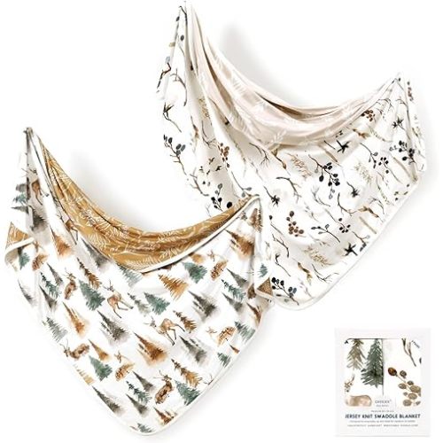 GRSSDER Baby Blankets Super Soft Stretchy Jersey Swaddle Blanket 2 Pack for Girls and Boys, Double Layer Reversible Receiving Blankets 34 x 44, Extra Large for Swaddling, Deer & Beige
