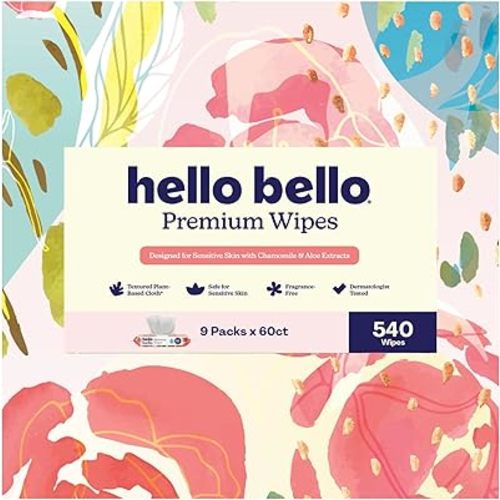 Hello Bello Premium Wipes, Designed for Sensitive Skin with Chamomile & Aloe Extracts, Rosy Posy (9 Resealable Packets = 540 Total Wipes)