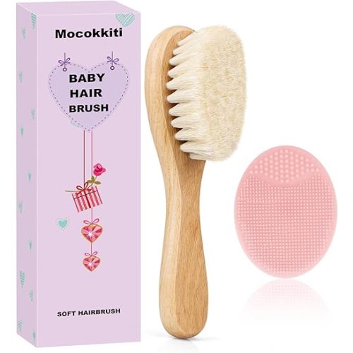 Baby Hair Brush and Pink Cradle Cap Brush Set for Newborns and Toddlers, Wooden Baby Hair Brush Set with Soft Goat Bristle, Baby Hair Care Kit (2PCS)