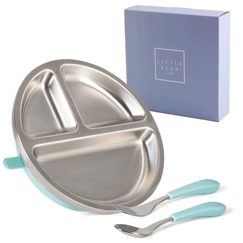 Stainless Steel Baby Suction Plate Bundle - Toddler Plate Set with Self Feeding Baby Utensils, Toddler Fork & Spoon - Make Meals Fun & Stop Spills with Our Stainless Steel Plates for Kids - Light Blue
