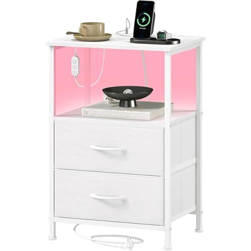 Somdot White Nightstand with Charging Station and LED Light for Bedroom, 2 Drawers Dresser with Fabric Bins for Bedside Kids Dorm Room Closet Laundry Entryway, White Leather