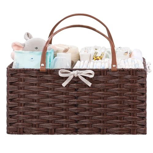 HBlife Large Diaper Caddy Organizer, Washable Waterproof, Portable Plastic Wicker Woven Basket with Divider, Nursery Diaper Station, Baby Shower Gifts Basket & Car Organizer