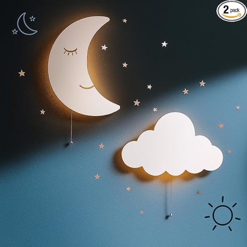 Tip perk 2 Pack Cloud & Moon Lights - Floating Cloud & Moon Wall Lamps for Nursery | Cute Floating Lamps for Kids Bedroom | Battery-Operated Hanging Night Lights for Bedroom/Baby Nursery