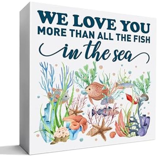 Nursery Desk Decor Wooden Sign, Nursery Decoration for Playroom Toy Room Kid's Bedroom, Nursery Gift for Baby Boy Girl Newborn Kids, We Love You More Than All The Fish in The Sea