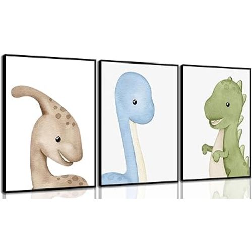 XXOUYLQ 3Pcs Watercolor Dinosaur Wall Art Kids Boys Room Canvas Wall Decor neutral dino Painting nursery Prints Funny Animals Plants Poster for Boys or Girls Bedroom unframed