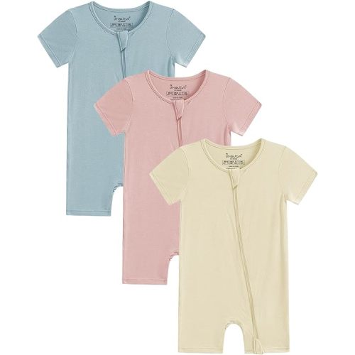 0-3 Months (Color: Green-gray&pink&yellow) Jimonda Boys Baby Girls Short Sleeve Romper Unisex Baby Footless Pajamas With Viscose 2-Way Zipper Front 3Pcs0-24Months