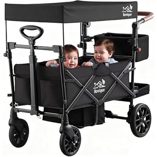 Wagon Stroller for 2 Kids, Premium Stroller Wagon for Kids with Removable Canopy, Safety Harness, Adjustable Handlebar & Storage Organizer, All-Terrain Foldable Baby Wagon for Outdoors