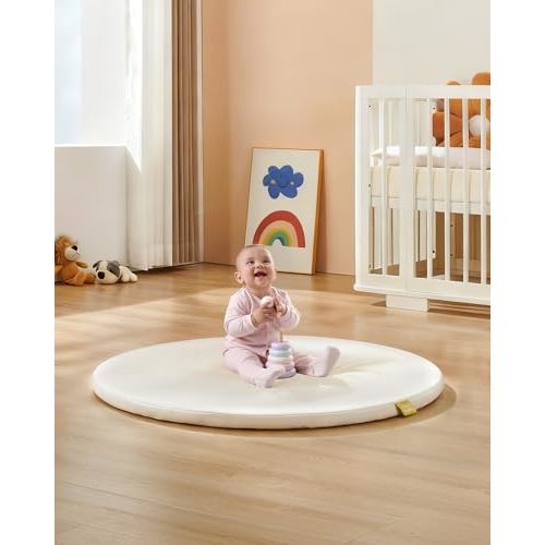 39" Round Vegan Leather Baby Mat for Floor, Beige Playmat | Thick Foam Cushion; Easy to Wipe Clean & Waterproof; Storage Strap Included