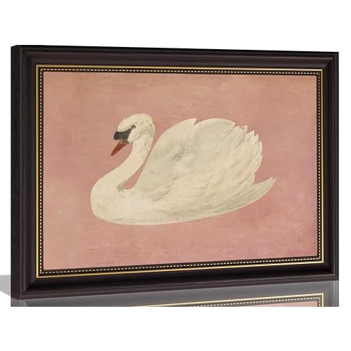 Framed Vintage White Swan Canvas Wall Art Grace Pink Swan Painting Picture Wall Decor Eclectic Pink Kitsch Classical Animal Poster Print Artwork for Living Room Bathroom Bedroom Study Home Decoration