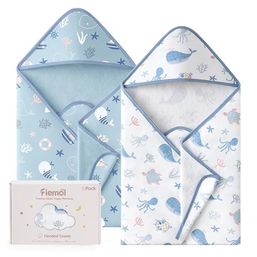 Hooded Baby Towels for Newborn,100% Cotton Baby Bath Towels with Hood for Infant Toddler Boy Girl, 2 Pack 32x32 Inch Soft & Absorbent Knit Terry Bath Essentials Blue Whale
