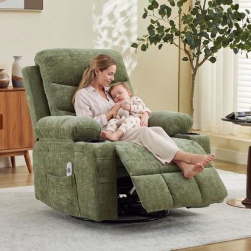 Oversized Swivel Rocking Recliner Chair with Heat & Massage, 360° Manual Wide Seat Lounge Sofa for Big and Tall Adults, Ergonomic, Supports 400 Lbs