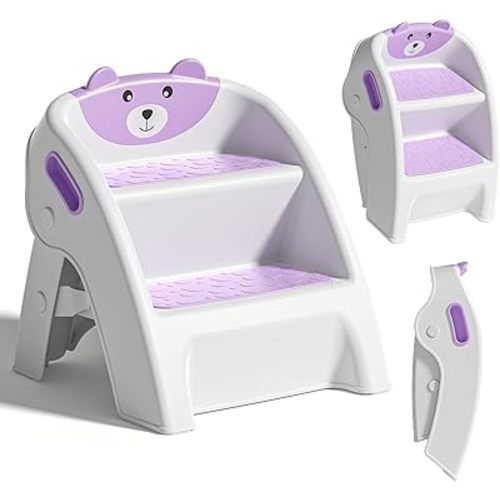 Toddler Step Stool for Bathroom Sink and Potty Training Durable Anti-Slip,Anti-Tip A-Frame,10-Second Assembly, 2-Step Potty Stool with Wide Steps (Purple)