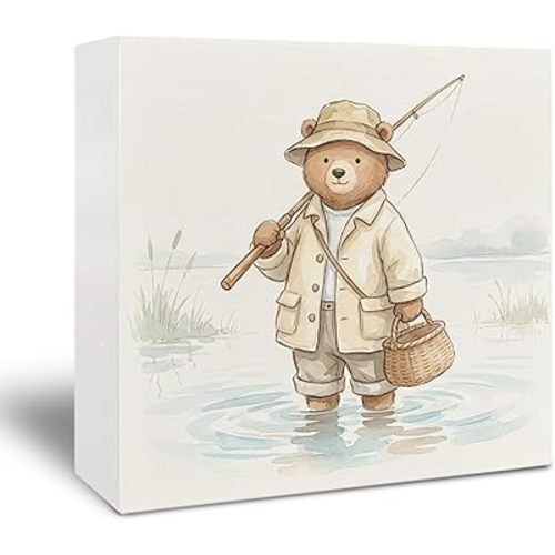 Bear Fishing Wooden Signs - Bear Decorations for Home, Bear Cabin Decor, Bears Wooden Box Sign for Home Kids Bedroom Table Desk Shelf, 5x5 Inch