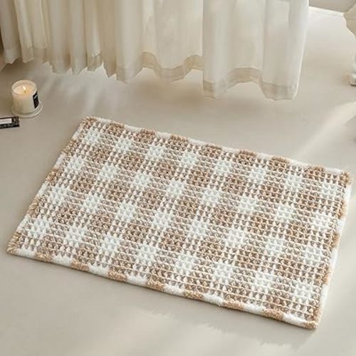 TYUU Waffle Bath Mat, Boho Bathroom Rugs Non Slip Washable Absorbent Checkered Bathroom Mat Quick Dry Farmhouse Bathroom Decor, 30"x20" Khaki and White