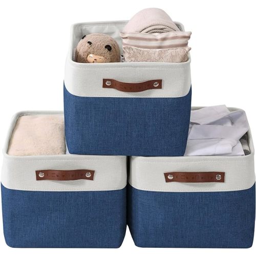 DECOMOMO White Storage Bins Fabric Storage Baskets for Shelves & Linen Closet Organization (Creamy White W/ Label holder, Large - 3 Pack)