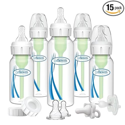 Dr. Brown's Natural Flow Anti-Colic Options+ Narrow Baby Bottle Gift Set with Advantage Pacifier & Bottle Travel Caps, 0m+