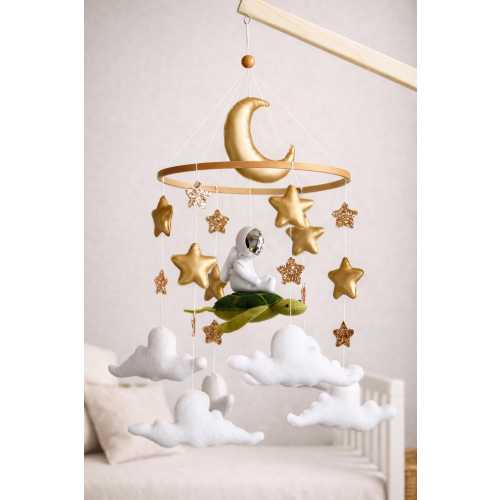 Space Baby Mobile • Golden Stars and Moon Crib Mobile • Astronaut Nursery Decor • Cloud and Cosmos Felt Mobile • Handmade Baby Shower Gift